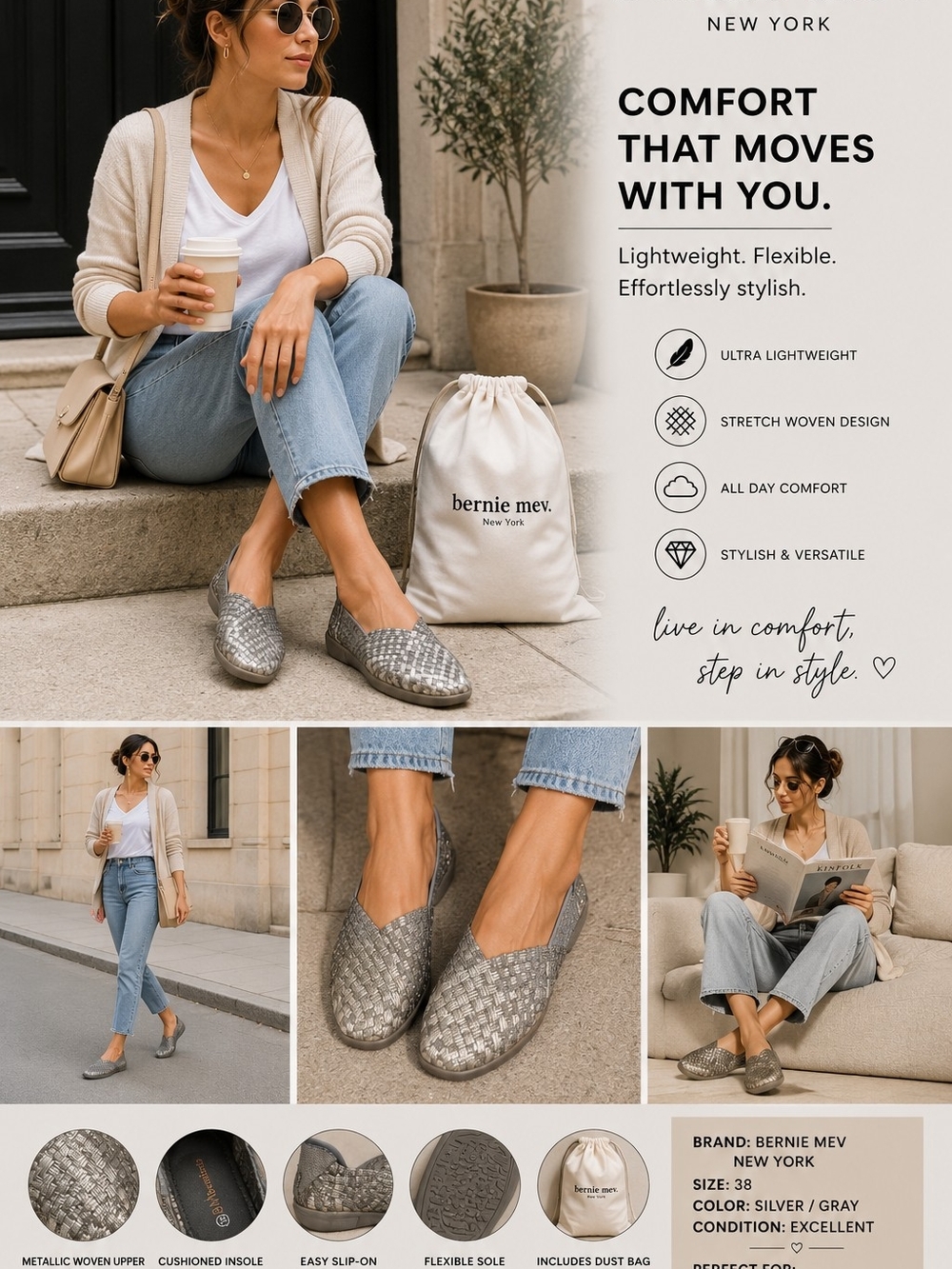 Bernie Mev New York Metallic Woven Comfort Flats Silver Gray Shoes EU 38 NWOT